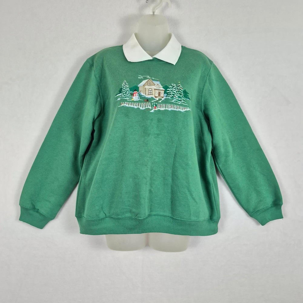 Vtg Womens Green Winter Cottage Snowman Embroidered Sweatshirt Large Christmas